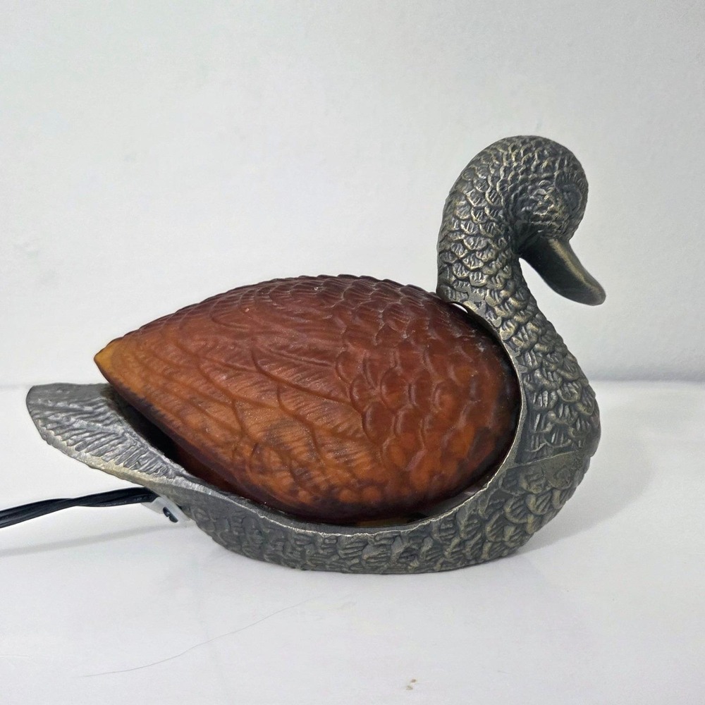 Tiffany Style Amber Slag Glass Duck Bird Mallard Brass Table Lamp Night Light - Picture 8 of 13